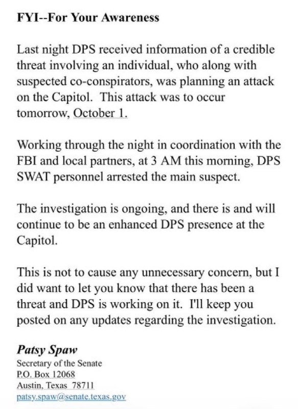 Statement: Texas DPS arrests suspect after credible threat to attack Texas Capitol.