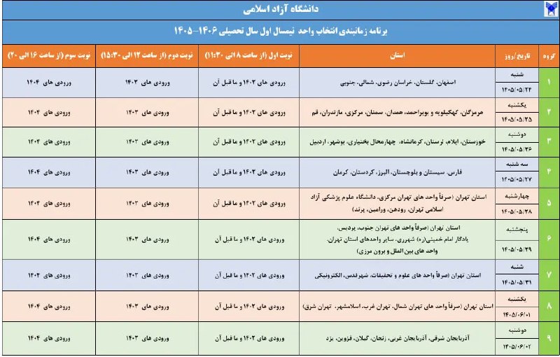 باشگاه پژوهشگران جوان رشت: 🔵 برنامه زمانبندی انتخاب واحد نیمسال اول سال تحصیلی ۱۴۰۶ـ ۱۴۰۵ دانشگاه آزاد اسلامی اعلام شد▫️ جزئیات برنامه زمانبندی انت