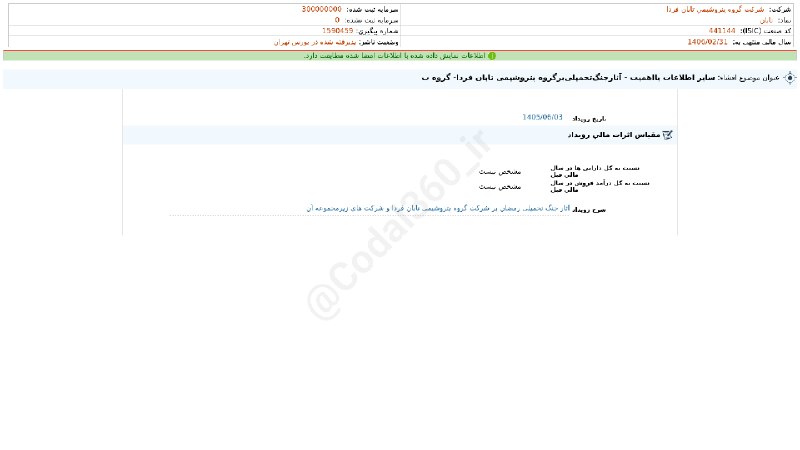کدال۳۶۰: #تابان#افشای_اطلاعات_بااهمیت - (سایر اطلاعات بااهمیت - آثارجنگ‌تحمیلی‌برگروه پتروشیمی تابان فردا- گروه ب) منتهی به سال م
