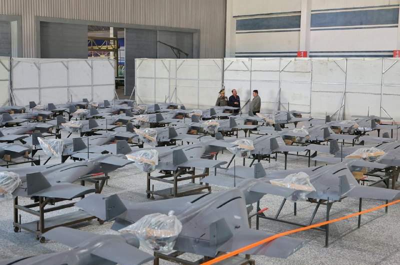 Kim Jong Un inspects a production line of a one-way attack drone.
