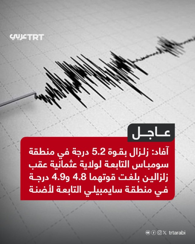 URGENT: Turkey Disaster and Emergency Management (AFAD): A magnitude 5.2 earthquake occurred in the Sumbas area of ​​Osmaniye province, following two magnitude 4.8 and 4.9 earthquakes in the Sempilly area of ​​Shebadan.
