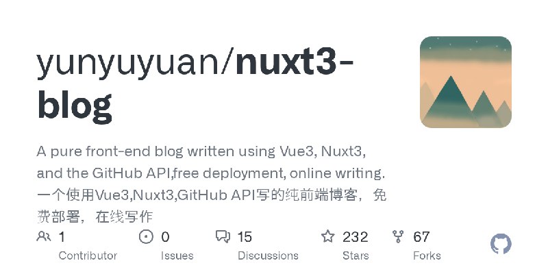 GitHub - yunyuyuan/nuxt3-blog: A pure front-end blog written using Vue3, Nuxt3, and the GitHub API,free deployment, online writing.一个使用Vue3…