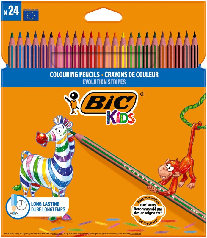 BIC Kids Evolution Stripes Kuru Boya Kalemi, 24lü Kutu, Kıymık Oluşturmaz, Çiğnemeye Karşı Dayanıklı, Kolay Açılır