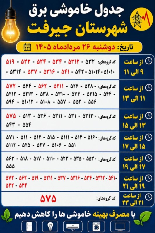 کانال خبری کنارصندل: 📌جدول خاموشی برق شهرستان جیرفت تاریخ: دوشنبه ۲۶ مرداد ۱۴۰۵🔻 نکته:اعدادی که به رنگ قرمز در جدول در آمده اند؛خاموشی آنها ب