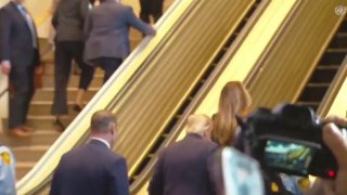 President Trump arrived at the United Nations with first lady Melania Trump, riding the escalator without incident after an earlier mishap. He goes inside to give his address.