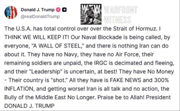 ️🇺🇸🇮🇷 נשיא ארה"ב טראמפ אומר שלארה"ב יש שליטה מוחלטת על מיצר הורמוז, והוסיף כי המשאבים הפיננסיים של אירא…