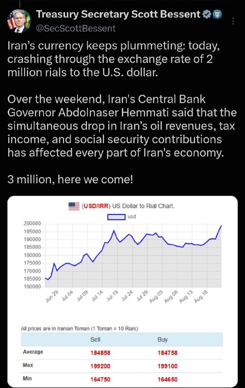 [ ایران اینتر پشمام ]: 🔴 بسنت، وزیر خزانه‌داری آمریکا:ارز ایران همچنان داره سقوط آزاد می‌کنه: امروز قیمت هر دلار از 2 میلیون ریال گذشت.آخر هفته