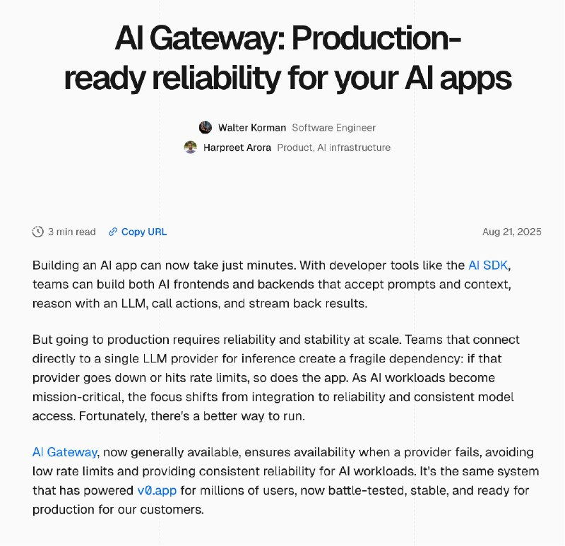 Vercel 也开始做 AI 模型的 API 业务了#ai创造营#AI Gateway 通过统一 API 接入，支持数百种模型和多家服务商，自动处理鉴权、限流、故障切换、用量追踪和账单，无需开发者手动管理各家 API Key 或切换服务商