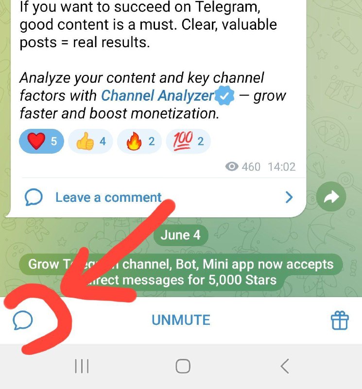 🤩🤩🤩 New feature for Telegram channels!Now any user can send a message directly to your channel. Here’s how to turn it on:1. Go to your channel settings2. Turn on Direct Messages mode3. Set the minimum number of stars (from 0 to 10,000)You will get 85% from every paid message.Why is this useful?— It’s a cool way for people to support their favorite creators and say “thank you” — Subscribers can suggest content or ask questions✔️Important: The channel owner is not required to reply. They can reply if they want — or ignore it completely.