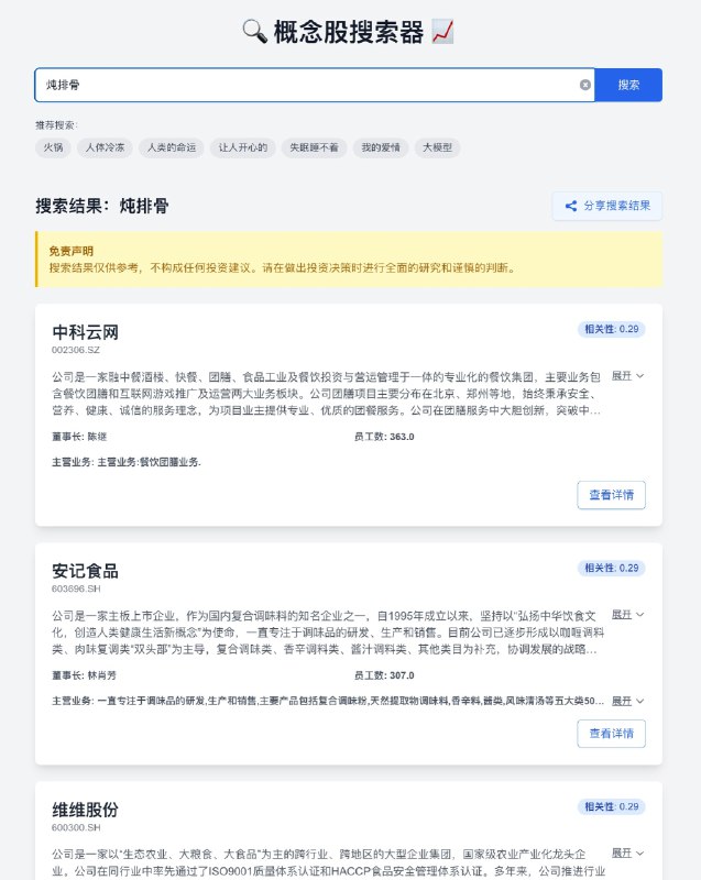 国庆假期期间和@Envl 在咖啡店喝咖啡的时候，我当着他的面用cursor搓了一个『概念股搜索器』出来，作为资深前端大佬，其在看着网页瞬间出来的时候发出了五六个卧槽，真的就是一杯咖啡都没喝完，就做完了「概念股搜索器」，可以实现通过任意查询关键词甚至句子描述来搜索 A 股所有的上市公司原理其实很简单，就是把五千多家上市公司的公司介绍，产品介绍，以及部分公告全部embedding 后存入向量数据库，然后用余弦相似度来获得相关性最高的数据，进行展示我不确定对买股票有没有帮助，因为我买股票的朋友好像也不看这个，但我国庆前因为气氛过于热烈，也想看看一些在某个行业的上市公司时，发现很难通过「行业」或者「产业」这些概念来找到相关的上市公司，所以有了做个这个小工具的想法至少娱乐性应该是有的，通过一些脑洞大开的搜索词来发现一些相关的上市公司，也挺有意思的体验地址：