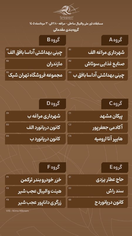 اخبار والیبال ایران ✔: 🔻استارت تور ملی مراغه با 18 تیم تور ملی والیبال ساحلی مراغه از عصر امروز با حضور 18 تیم در شش گروه مقدماتی آغاز میشود.د