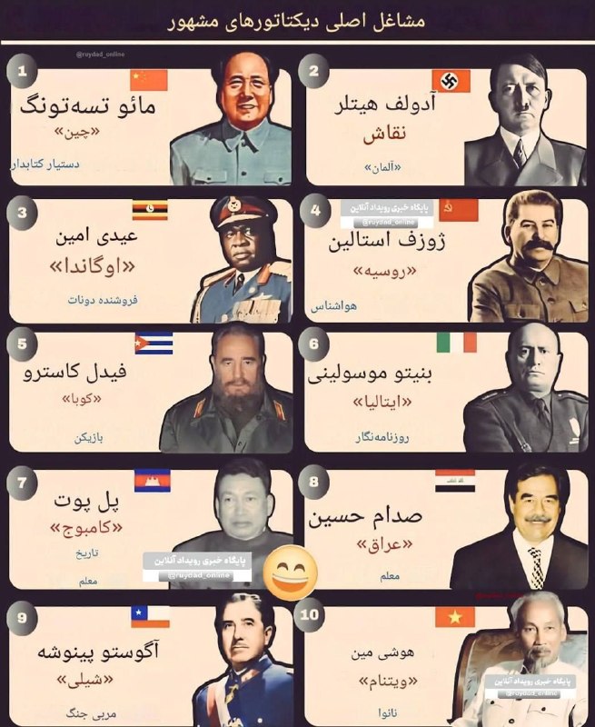 گونشلی خوی: شغل های اصلی 10 دیکتاتور مشهور جهان ————————————————💥گونشلی خوی🆔 @GUNASHLI_XOY