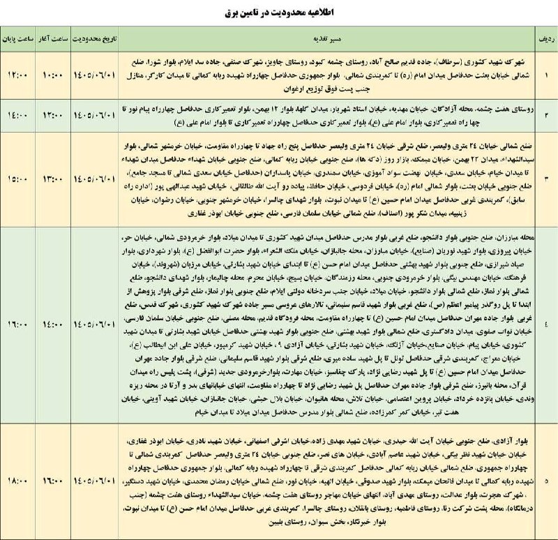 آفتاب ایلام: 🔴اطلاعیه به اطلاع مردم شریف شهرستان ایلام می رساند در راستای مدیریت بار مناطق یاد شده در تاریخ ۱ شهریور سال جاری با محدو