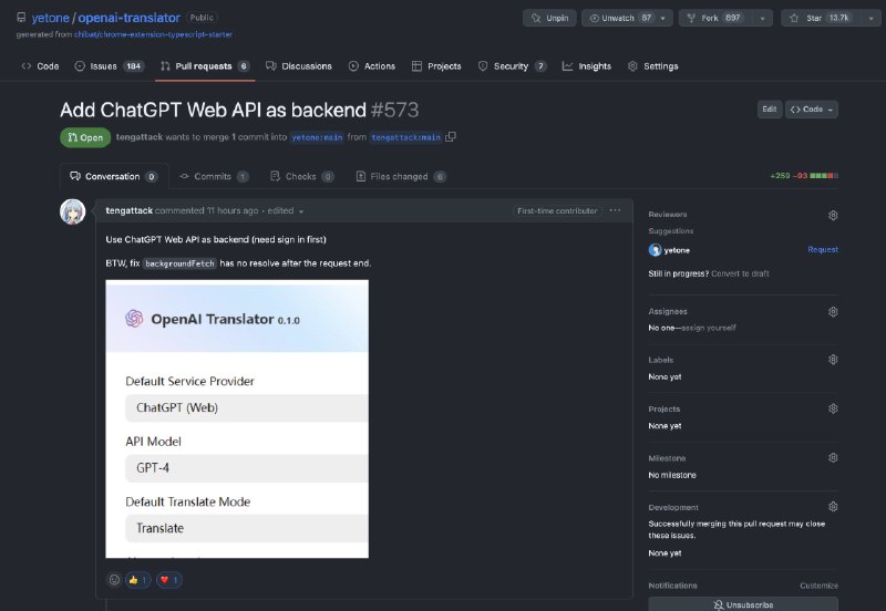 RT yetone因为免费的 OpenAI API Key 到期无法使用的大家不要担心，这个 PR release 后 OpenAI Translator 也可以不依赖于 OpenAI API Key 就能使用了！！！！！！！yetone: 无敌神仙 PR！