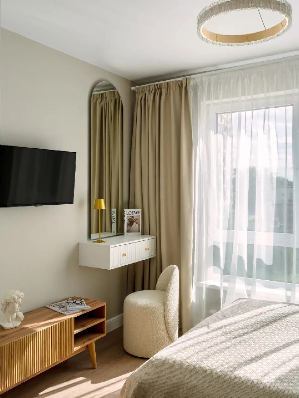 Красивый интерьер студии. Выполнен в спокойной и трендовой палитре, состоящей из оливковых и тёплых бежевых оттенков. Для создания тактильного эффе... - изображение 3 - красивый, интерьер, студии