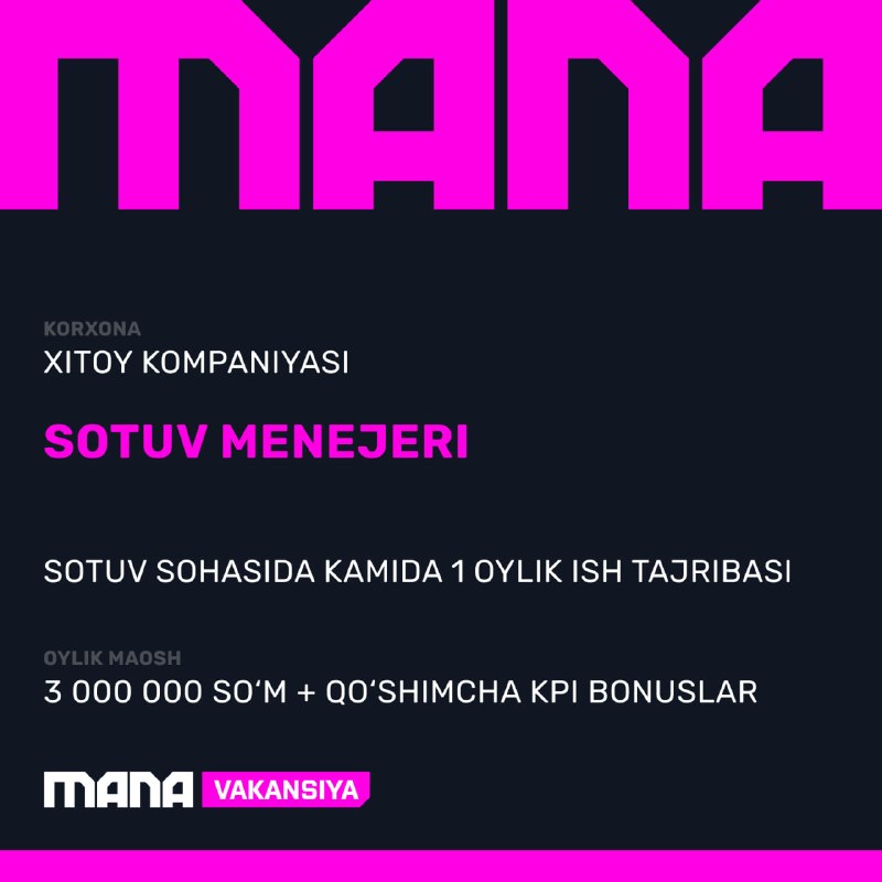Иллюстрация к посту канала ManaVakansiya | Toshkentda Ish