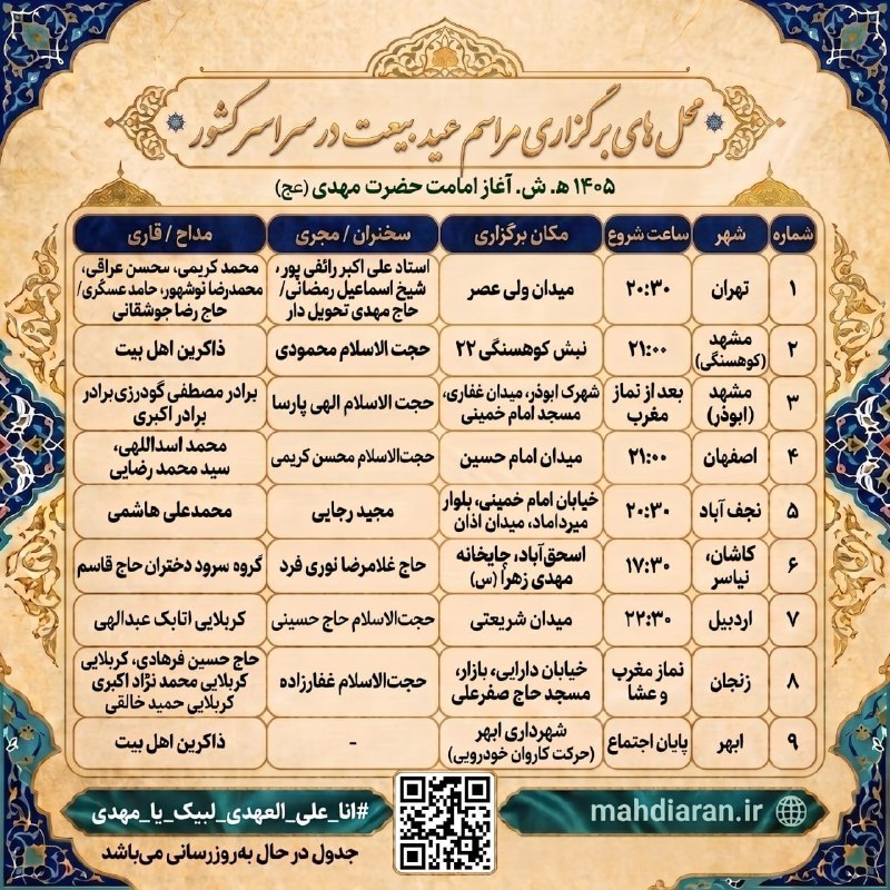 مهدیاران | mahdiaran: 📍جدول محلهای برگزاری مراسم #عید_بیعت در سراسر کشور📆 وعده ما: شامگاه ۳۰ مرداد مصادف با سالروز آغاز امامت امام زمانبهصور
