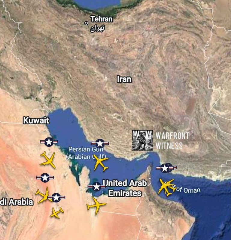️🇮🇷🇺🇸 לפחות 5 מכליות תדלוק אוויריות בארה"ב ו-E-3B Sentry אחד פעילים מעל אזור המפרץ.