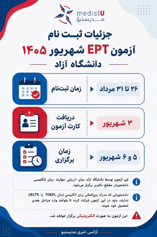 اخبار و استخدامی علوم آزمایشگاهی کشور: 🌐 آغاز ثبت نام آزمون (EPT) شهریور ماه ۱۴۰۵ دانشگاه آزاد اسلامی🔴همه دانشجویان دکتری تخصصی دانشگاه آزاد اسلامی می‌توانند د