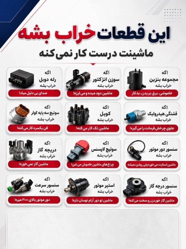 اطلاعات عمومی: ⭕️این قطعات اگر خراب بشن، ماشینت درست کار نمیکنه!خیلی از مشکلاتی مثل:〽️بد روشن شدن خودرو〽️لرزش موتور〽️خاموش شدن ناگهانی