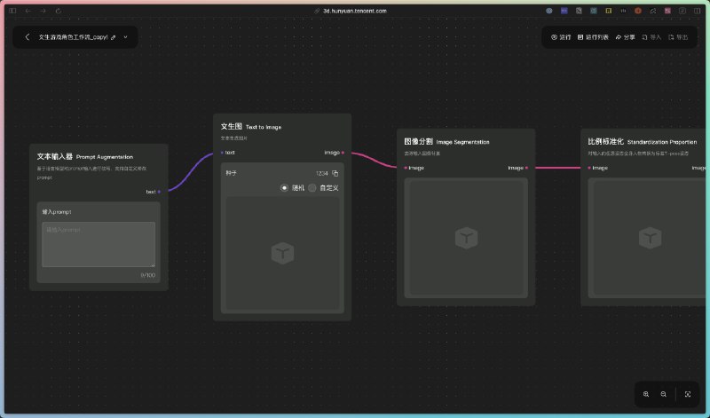 腾讯发布了 AI 全流程产品混元3D创作引擎只需要一句话就能生产带骨骼动画的完整3D 角色AI 不止用在了单纯的模型生成，还涉及到了非常多的模型后处理还有类似 Comfyui 的 3D 工作流功能，极大的提高了自由度和效率还开源了最强的 DiT 3D 生成模型 Hunyuan3D-2 ！图生和文生是最基础的 3D 生成功能，混元 3D 创作引擎也都支持，但是比较强的是他支持直接生成低多边形和 PBR 贴图的版本