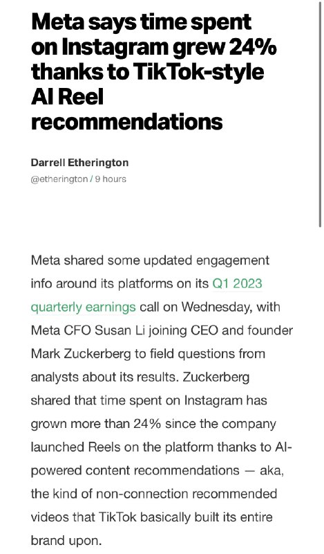 Instagram 的用户时长增加24%，原因是内置抖音风格短视频