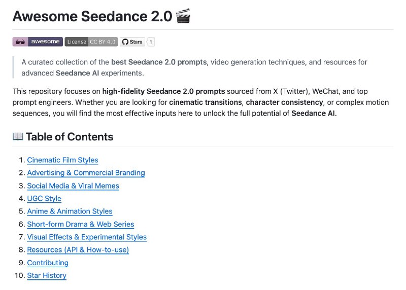 刚发现一个宝藏提示词仓库😱里面有大量高质量See dance 2.0提示词！使用场景包括：- 影视级作品- 动漫- 广告- UGC视频- Meme里面的提示词大多来自于X顶级创作者，很多视频都斩获了百万级别的播放！建议可以先star起来～