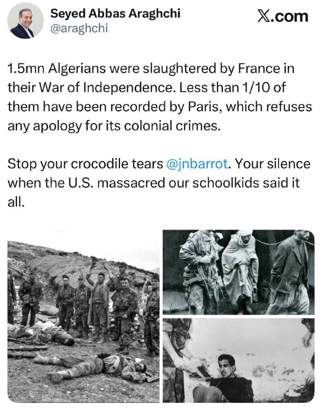 اخبار اصفهان: ♦️پاسخ عراقچی به وزیر خارجه فرانسه: اشک تمساح بس است آقای بارو!!وزیر امور خارجه:🔹یک و نیم میلیون الجزایری در جریان جنگ ا