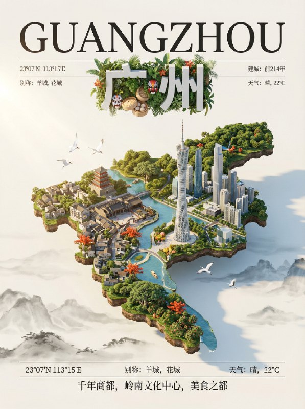 Nano BananaPro 的上线依然还在提高！提示词：为你的家乡做张城市海报所有的元素都会自动根据你选择城市进行调整：比如云海的艺术风格、3D 字体上面的装饰、经纬度、建成时间、别称、独特的鸟类和生物、天际线景观和古建筑提示词：一张针对 [城市名称] 的城市渲染数字艺术海报