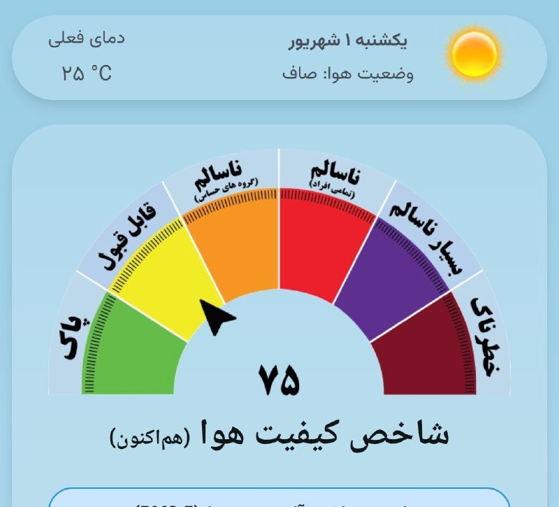 اخبار فرهنگیان (خراسان رضوی): 💢 صبح یکشنبه تون بخیر 🌍هوای مشهد؛ یکشنبه ۴۰۵/۰۶/۰۱🌞 صاف 🔴حداکثر دما: ۳۳+🔵حداقل دما:۲۱+🟡کیفیت هم اکنون هوای مشهد: ۷۵/ قاب