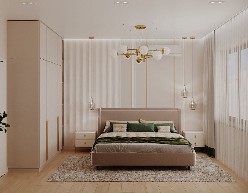 На втором этаже проекта домвсочи спальня 17,4 с собственной ванной 5,4 кв.м. Мягкая бежево пастельная палитра, глубокие зелёные акценты и латунные ... - изображение 1 - проекта, telegram, view