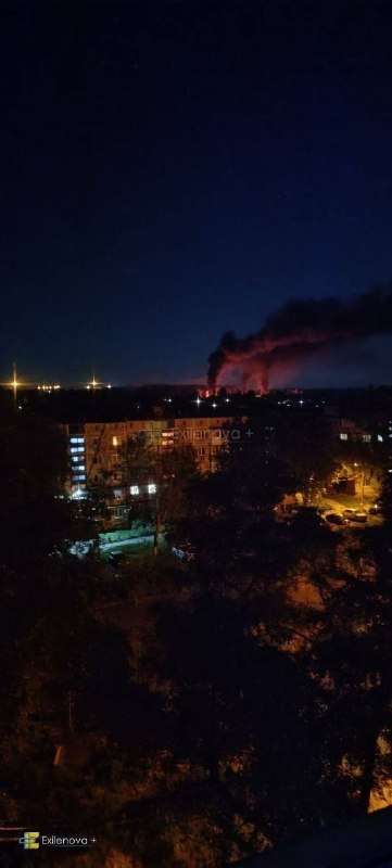 Ukrainian FP-2 drones struck occupied Donetsk overnight, triggering a large fire.