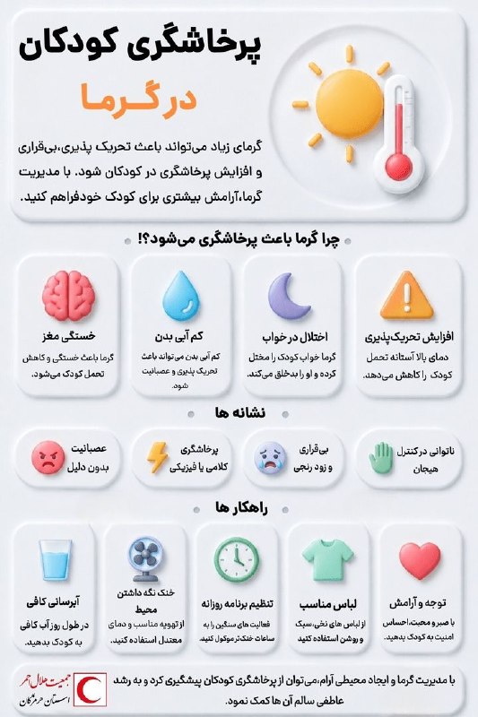 اخبار خراسان شمالی - خبرگزاری فارس: 🖼 پرخاشگری کودکان در گرما🔹گرمای زیاد می تواند باعث تحریک پذیری، بی قراری و افزایش پرخاشگری در کودکان شود؛ با مدیریت گرما