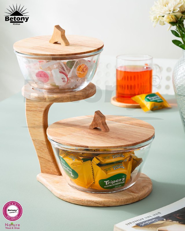 Betony shop 55183773 (میرزاحسین)تولید و پخش: شکلات خوری ۲طبقه آنجل Betony ارتفاع ۲۲ سانتقطر کاسه ها ۱۳ و ۱۶ سانتدارای جعبه تککارتن ۶ عددیکیفیت چوب طبیعی، شیشه پیرکس 