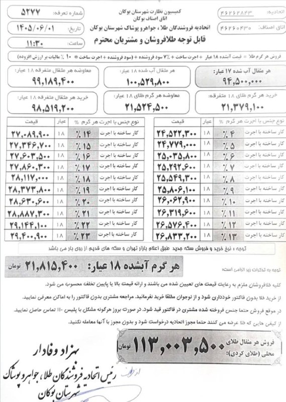 پایگاه خبری صدای بوکان: 📷قیمت امروز طلا در بازار بوکان➕️هر مثقال: ۱۱۳,۰۰۳,۵٠٠#صدای_بوکان را به دوستان خود معرفی کنید☑️ @sedayebokan ➖️➖️➖️➖️➖️➖️