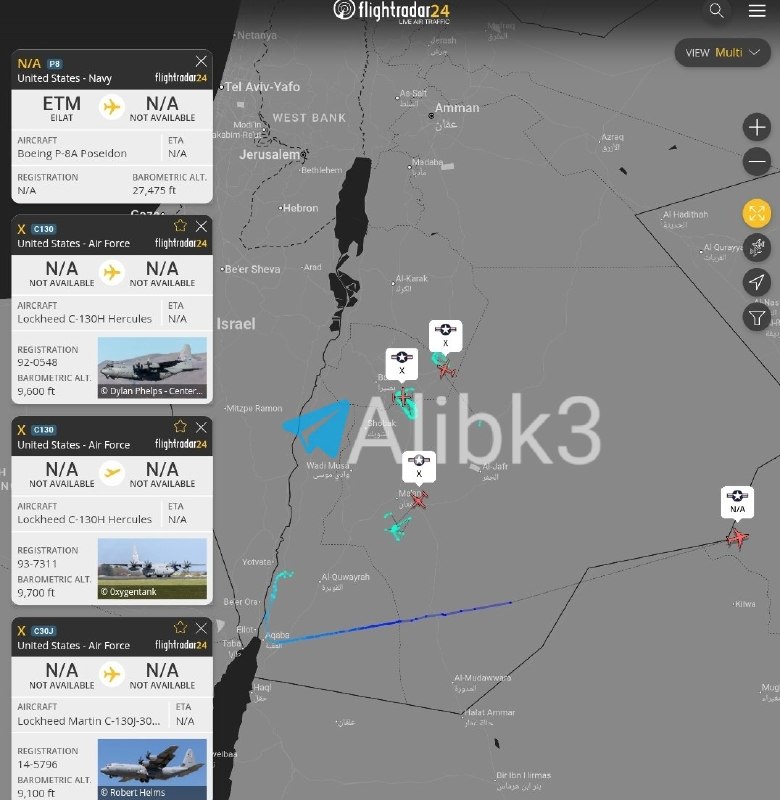 מטוס סיור אמריקאי P-8 המריא מעקבה, ירדן, לכיוון המפרץ הפרסי, במקביל לתצפית על שלושה מטוסי מטען צבאיים אמריק…