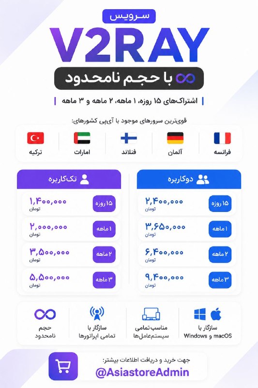 🔊LOKA MUS!C🔊: 🚀 سرویس V2RAY با حجم نامحدود♾🗓 اشتراک‌های ۱۵ روزه، ۱ ماهه، ۲ ماهه و ۳ ماهه⚡️ سرورهای قدرتمند با آی‌پی کشورهای🇹🇷 ترکیه | 