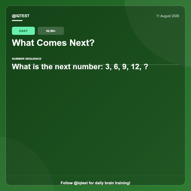 IQ Test: What Comes Next?What is the next number: 3, 6, 9, 12, ?