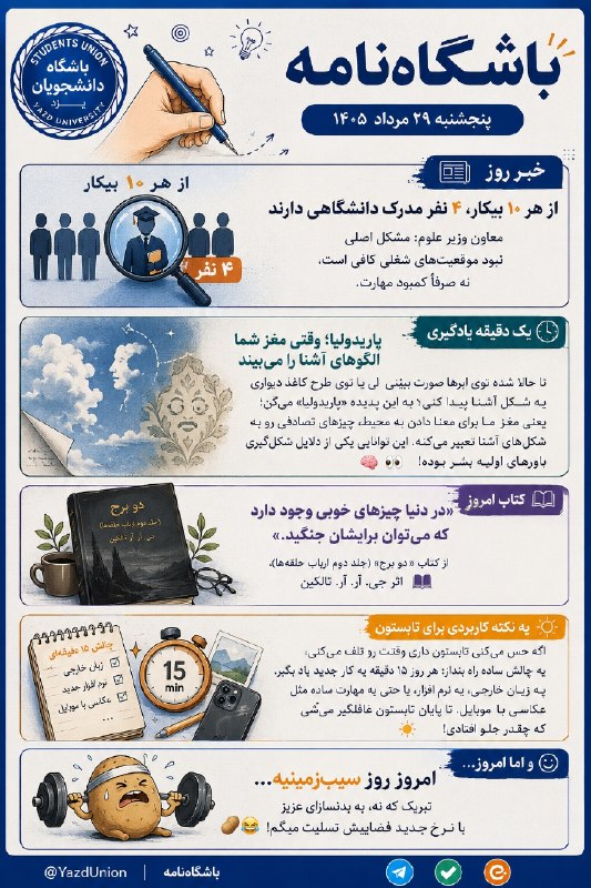 باشگاه دانشجویان دانشگاه یزد: چهارشنبهست و یه #باشگاهنامه دیگه هم آمادهست! 📰💙از یه خبر مهم درباره بیکاری فارغالتحصیلها و یه پدیده جالب ذهنی به اس
