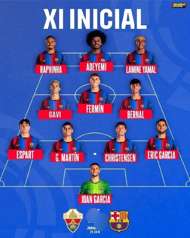 پته مته | Patemate: | 🇪🇸🆚⚽️ | ۲۳:۰۰ ⏱ | 🔹 |ترکیب امشب بارسا برا بازی جلو الچه.یامال نوک بازی میکنه آدیمی راست.😈 @Patemate_Official | #مایکی