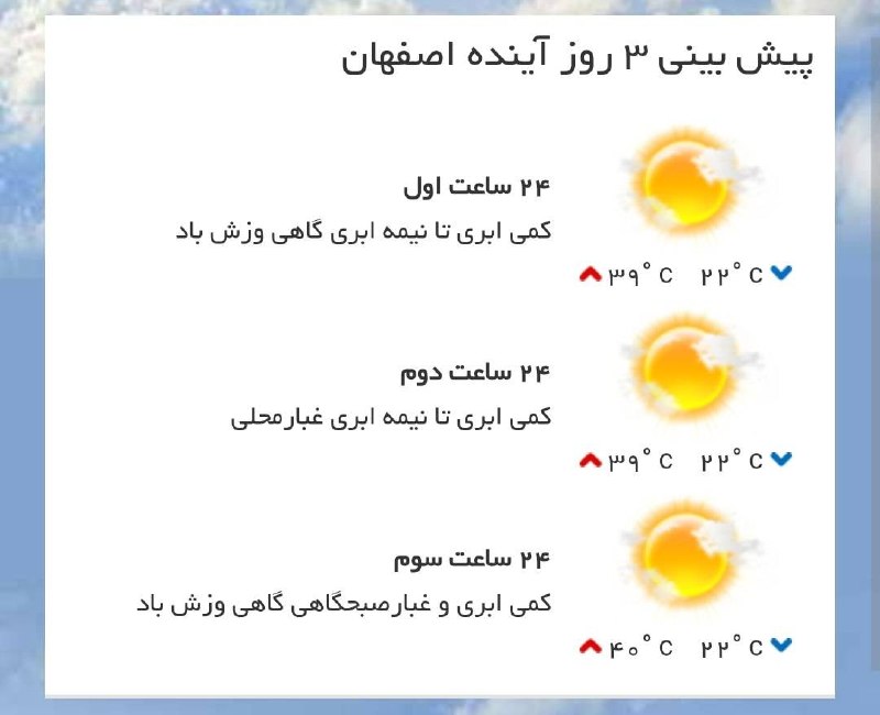 اخبار اصفهان: ♦️پیشبینی وضع آب و هوای سه روز آینده مرکز استان🔹 ۲۴ ساعت اول (۱۴۰۵/۰۵/۲۶)🔹 ۲۴ ساعت دوم (۱۴۰۵/۰۵/۲۷)🔹 ۲۴ ساعت سوم (۱۴۰۵