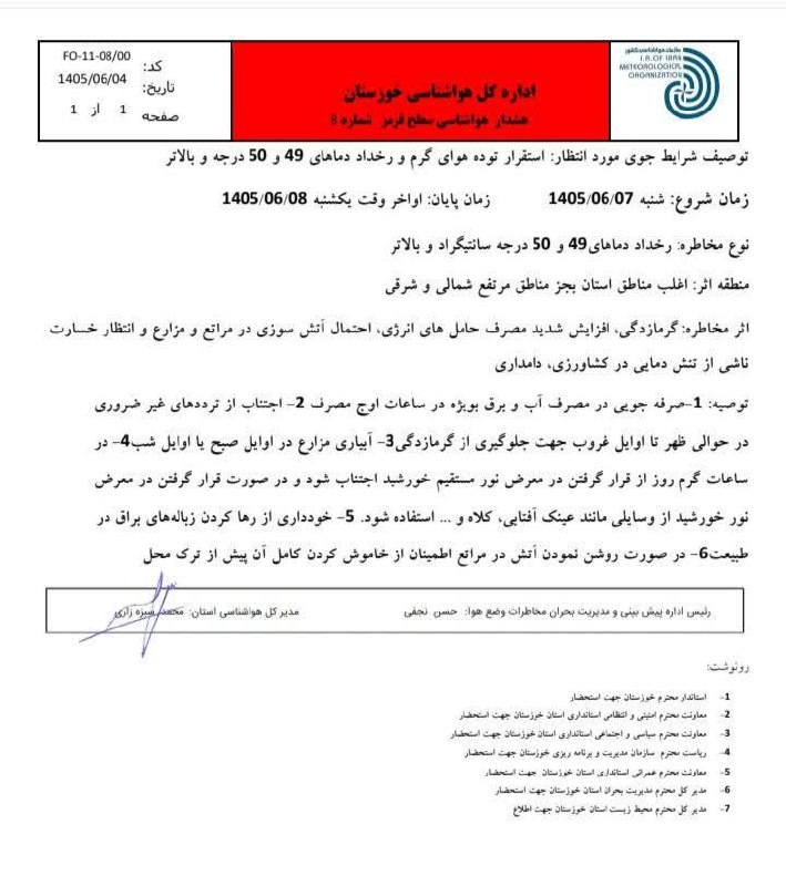 پایگاه خبری ندای دزفول: 🔴هشدار سطح قرمز هواشناسی شماره 8 مورخ 04 شهریور1405 اداره کل هواشناسی استان خوزستان " استقرار توده هوای گرم و رخداد دماه