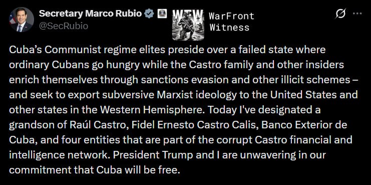 ️🇺🇸🇨🇺 שר החוץ של ארה"ב, מארק רוביו, על הוספת סנקציות נוספות למשפחת קסטרו, והאשים את המשטר ב"ייצוא אידיא…