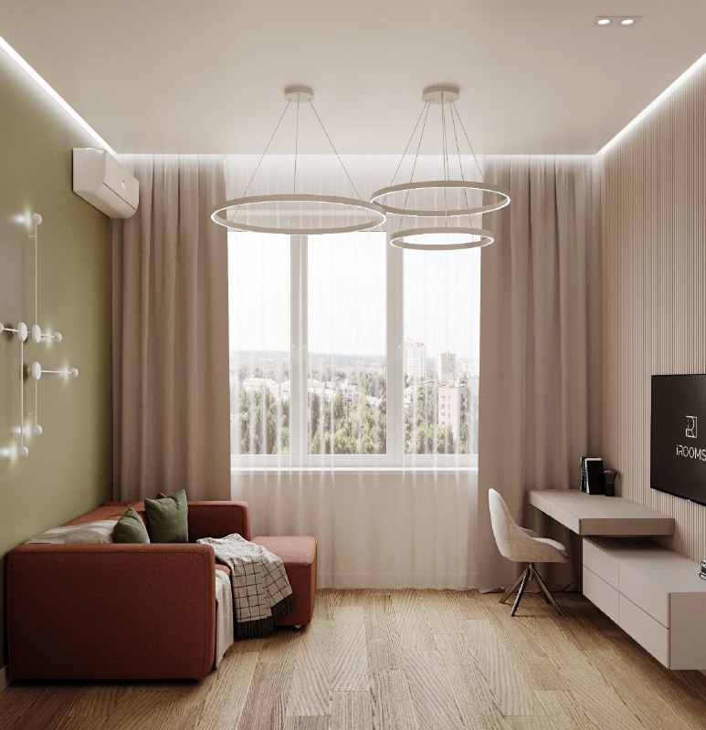 Продолжаем показывать проект домвсочи сегодня гостевая и душевая Гостевая 11,9 кв.м - терракотовый диван на фоне оливковой акцентной стены, тёплый ... - изображение 3 - гостевая, душевая, интерьер