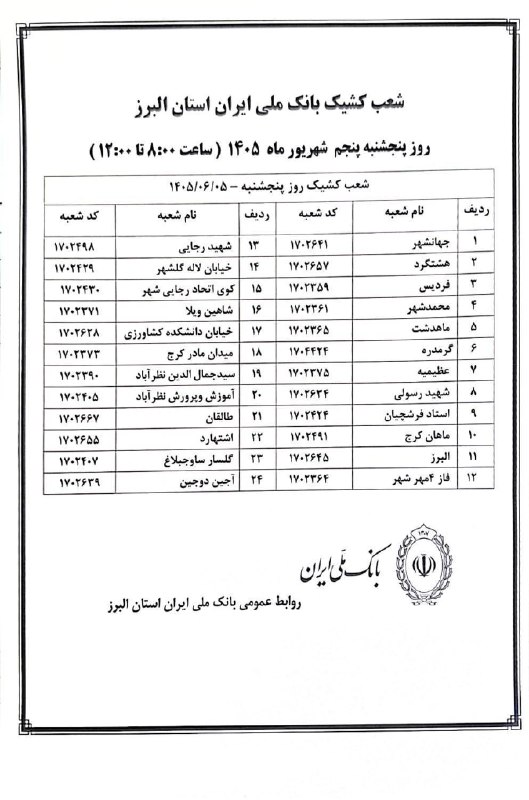 پایگاه خبری البرز: شعب کشیک بانک ملی در البرزروز پنجشنبه ۵ شهریور از ساعت ۸:۰۰ تا ۱۲:۰۰@news_Alborz