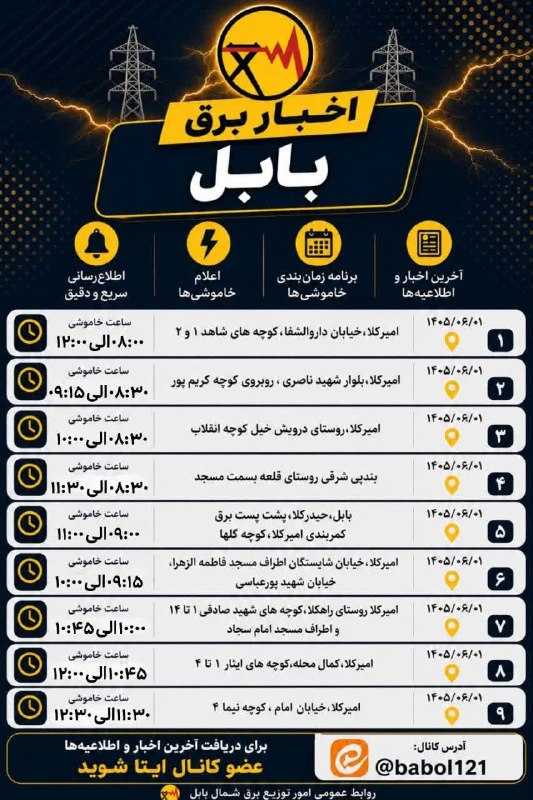 بابل روز: ⚡️ لیست زمانبندی خاموشیهای اصلاح و نوسازی شبکه برق شهرستان بابل یکشنبه ۱ شهریور ۱۴۰۵شنبه، ۳۱ مرداد ۱۴۰۵.🆔 @babolrooz