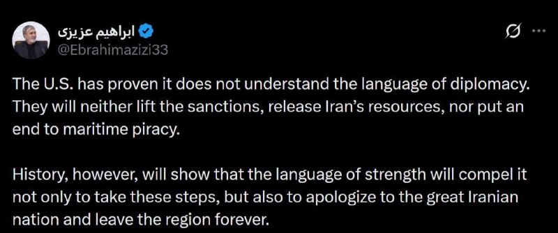 خبر آنلاین: 🔴ادعای ابراهیم عزیزی، رئیس کمیسیون امنیت ملی مجلس :🔹️ایالات متحده نشان داده است که زبان دیپلماسی را درک نمیکند. آنها ن