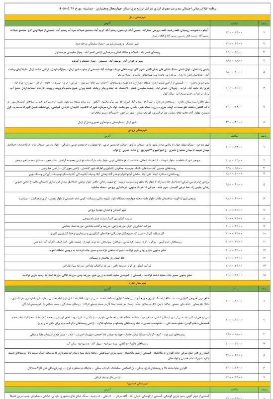 آخرین خبر شهرستان بروجن: 🔴 جزئیات قطعی برق در شهرستان بروجن، روز دوشنبه ۲۶ مرداد⭕️آخرین خبر شهرستان بروجن👇@borujen_today