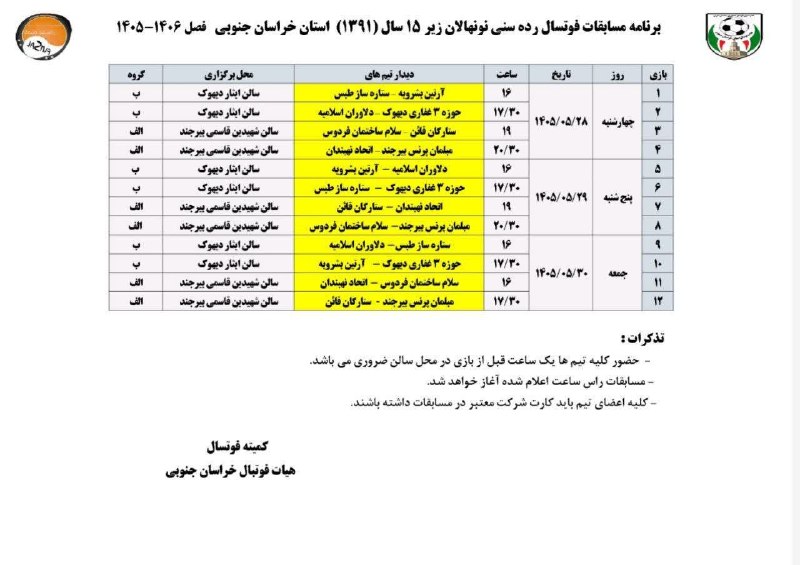 طبسیا 🌴: 🔶️🔸️دیهوک میزبان مسابقات فوتسال لیگ برتر نونهالان زیر ۱۵ سال غرب استان خراسان جنوبی 🔸به گزارش روابط عمومی اداره ورزش و ج