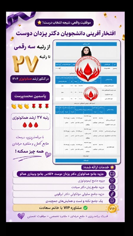 گروه آموزشی دکتر یزدان دوست (هماتولوژی / ایمنولوژی /ژنتیک / زبان / باکتری / بیوتکنولوژی / استخدامی علوم آزمایشگاهی / باکتری و...: ✨ از رتبه سه‌رقمی تا رتبه ۲۷ ارشد هماتولوژی! ✨افتخار دیگری برای مجموعه دکتر یزدان‌دوست 🌹تبریک صمیمانه به خانم یاسمین محم